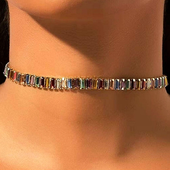 Gold Baguette Multicolor Diamond Rhinestone Choker - Picture 2 of 8